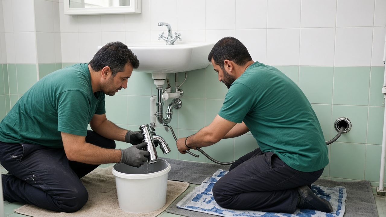 Vantuz Gider ustaları lavabo sifonunu sökerken
